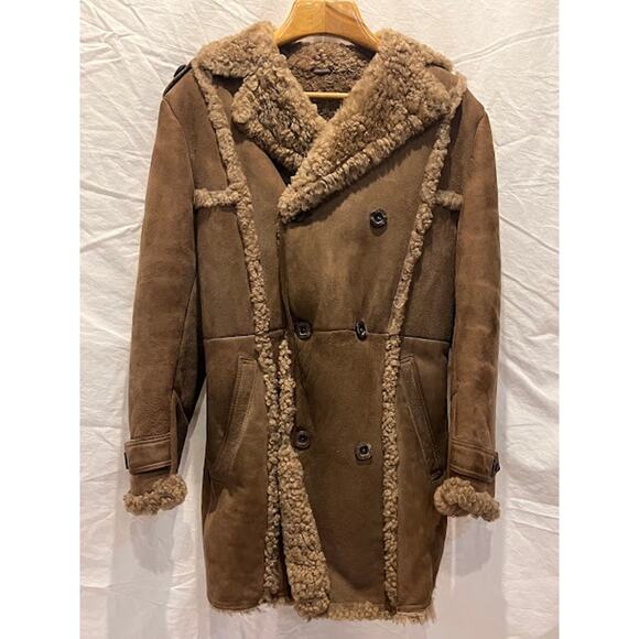 Vintage Shearling Sheepskin Suede Double Breasted Coat Car Jacket Buttons 70s - Picture 2 of 13